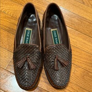 Cole Haan women’s leather Woven Tassel Loafers in Dark Brown